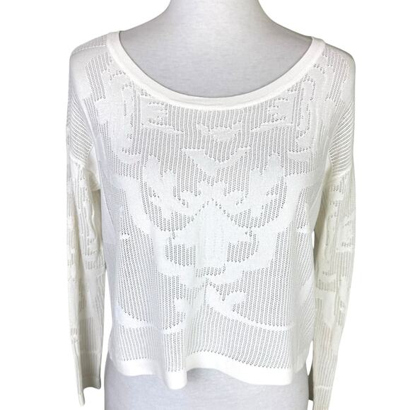 Parker White Sheer Long Sleeve Scroll Pattern Knit Layering Cropped Top Sweater - Picture 4 of 12